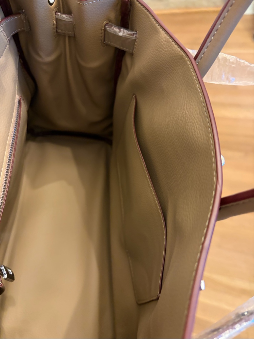 30cm Taupe and Cream Structured Canvas Tote Bag with Top Handles - Picture 8 of 13